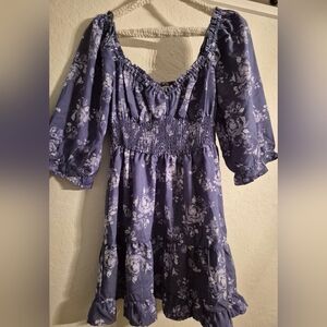 Indigo Blue/Purple Floral Ruffled Hem Line Midi Dress